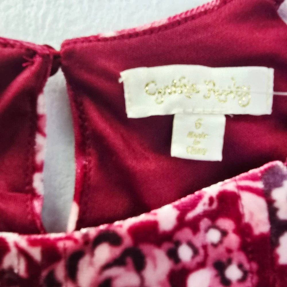 Cynthia‎ Rowley NWT Girls Burgundy Floral Velvet Dress Short Sleeve Size 6 - Picture 2 of 5